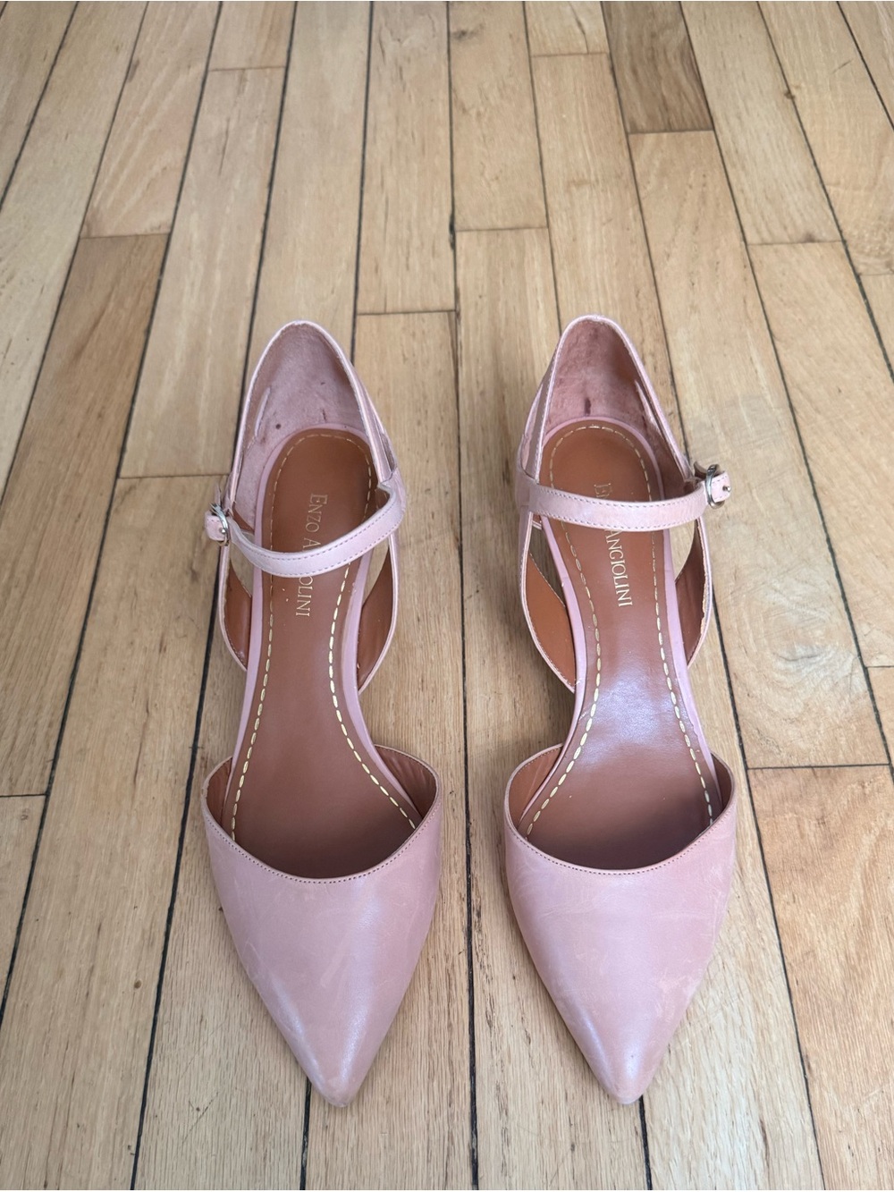 Tan leather Pointed Toe Ankle Strap kitten heels